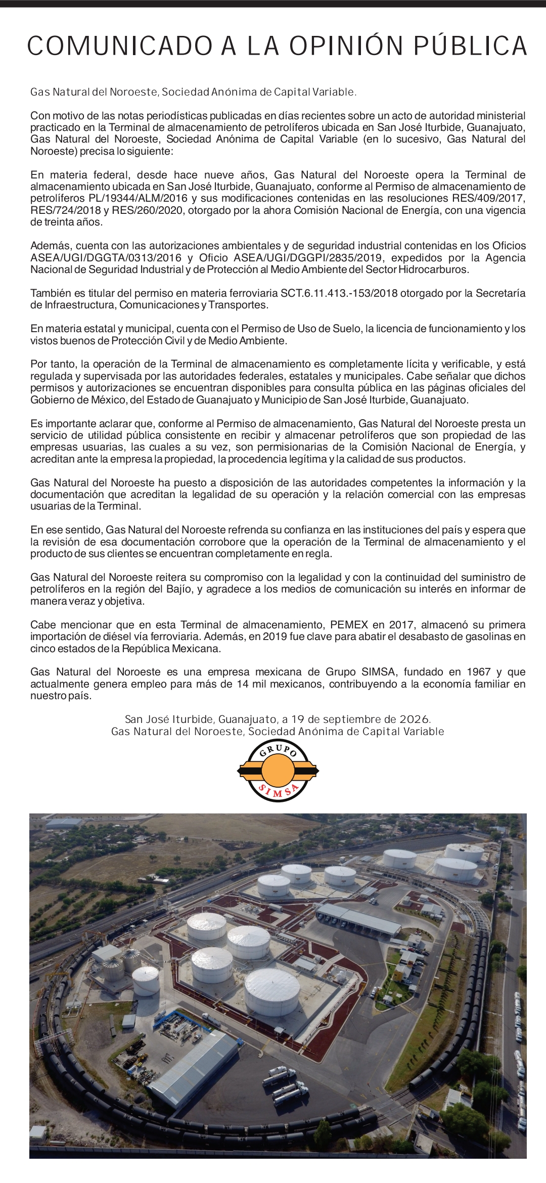 Gas Natural del Noroeste asegura que su terminal en San José Iturbide opera con permisos vigentes